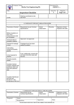 Company Name:
Mecha Ton Engineering Plc
Document No:
         OF/MT /….
Title: 
Inspection Checklist
Issue No.
1
Page No.
P