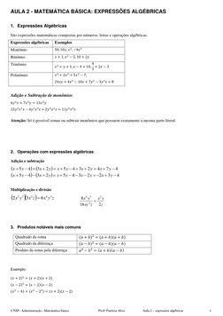 UNIP - Administração - Matemática básica 
Profª Patrícia Alves 
Aula 2 – expressões algébricas 
 
1 
AULA 2 - MATEMÁTICA BÁSI