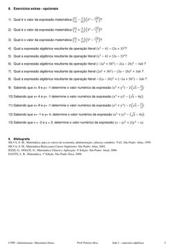UNIP - Administração - Matemática básica 
Profª Patrícia Alves 
Aula 2 – expressões algébricas 
 
5 
8. Exercícios extras - o