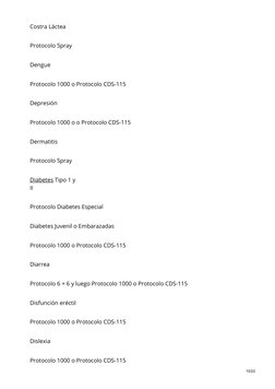 Costra Láctea
Protocolo Spray
Dengue
Protocolo 1000 o Protocolo CDS-115
Depresión
Protocolo 1000 o o Protocolo CDS-115
Dermat