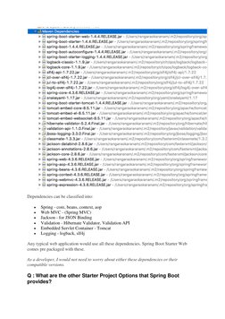 Dependencies can be classified into: 
 
Spring - core, beans, context, aop 
 
Web MVC - (Spring MVC) 
 
Jackson - for JS