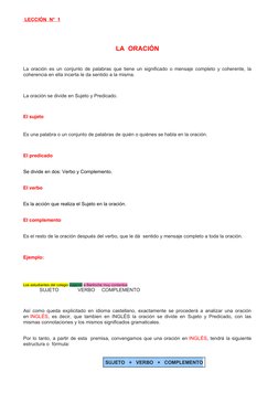   LECCIÓN
 
    N°
 
    1
  
 
LA  ORACIÓN
La oración es un conjunto de palabras que tiene un significado o mensaje completo
