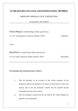 IN THE HON’BLE CITY CIVIL AND SESSIONS COURT, 
 
 MUMBAI.
 
 
ORDINARY ORIGINAL CIVIL JURICDICTION
Civil suit No. 319 of 2012
