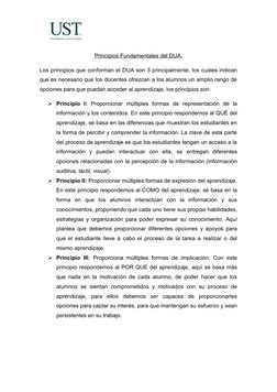 Principios Fundamentales del DUA.
Los principios que conforman el DUA son 3 principalmente, los cuales indican
que es necesar