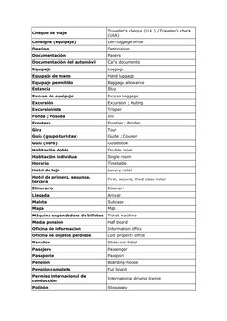 Cheque de viaje
Traveller's cheque (U.K.) / Traveler's check 
(USA)
Consigna (equipaje)
Left-luggage office
Destino
Destinati