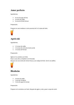 Amor perfecto
Ingredientes:

¾ onza de jugo de lima

¼ onzas de vodka

¾ onza de Parfait Amour
Preparación:
Preparar en va