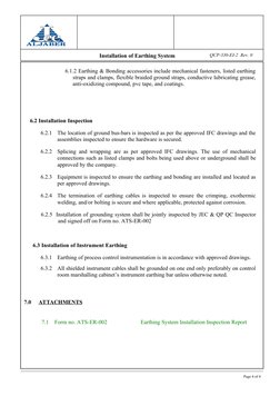 Installation of Earthing System
QCP-330-EI-2  Rev. 0
                 6.1.2 Earthing & Bonding accessories include mechanic