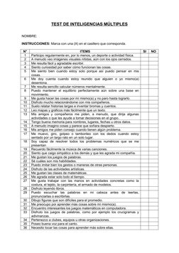 TEST DE INTELIGENCIAS MÚLTIPLES
NOMBRE: 
INSTRUCCIONES: Marca con una (X) en el casillero que corresponda. 
N°
ITEMS
SI
NO
1