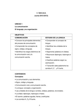 8 
 
1.º DE E.S.O. 
(curso 2012-2013) 
 
 
UNIDAD 1 
La comunicación 
El lenguaje y su organización 
 
OBJETIVOS 
COMUNICAC