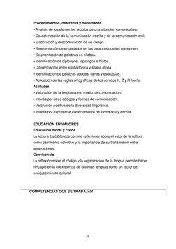 9 
Procedimientos, destrezas y habilidades 
• Análisis de los elementos propios de una situación comunicativa. 
• Caracteri
