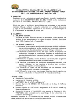 NORMAS PARA LA CELEBRACIÓN DEL DÍA DEL LOGRO EN LAS
INSTITUCIONES EDUCATIVAS DE ASEP MARÍA MADRE Y MAESTRA – CIRCA
DE LA UGEL