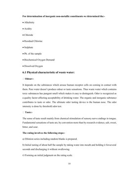 10 
 
For determination of inorganic non-metallic constituents we determined the:- 
 
 Alkalinity 
 
 Acidity 
 
 Chlori