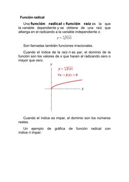 Función radical
Una función  radical o función  raíz es  la  que
la variable  dependiente y se  obtiene  de  una  raíz  que
a