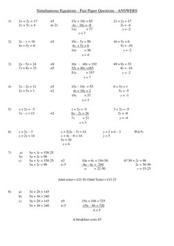 Simultaneous Equations - Past Paper Questions - ANSWERS 
 
1) 
3x + 2y = 17  
×5 
 
15x + 10y = 85 
 
21 + 2y = 17 
 
 2x + 5
