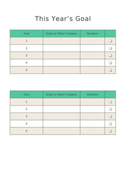 This Year’s Goal
Goal
Steps to Make It Happen
Deadline
1
2
3
4
5
Goal
Steps to Make It Happen
Deadline
1
2
3
4
5
