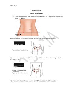 LORE SORIA
Puntos dolorosos
Puntos apendiculares
1.
Punto de MC BURNEY:  línea umbilical espinosa derecha en la unión de los