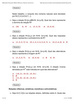 Resposta
Neste trabalho, o conjunto dos números naturais será denotado
por N={1,2,3,4,5,6,7,...}.
Seja a relação R={(x,y) N×N