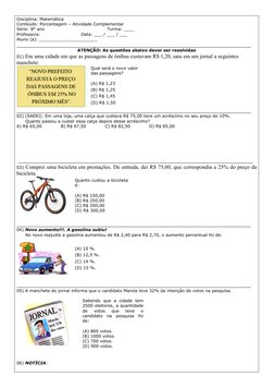Disciplina: Matemática  
Conteúdo: Porcentagem – Atividade Complementar
Série: 8° ano
