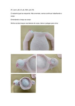 24. (aum, pb) x4, pb, 4dim, pb (18) 
O restante igual ao esquerdo. Não arremate, vamos continuar trabalhando o 
corpo. 
Emend