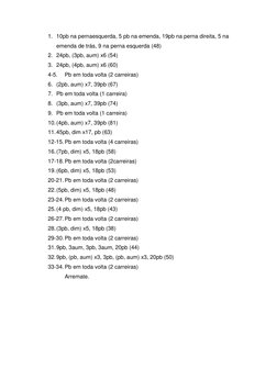 1. 10pb na pernaesquerda, 5 pb na emenda, 19pb na perna direita, 5 na 
emenda de trás, 9 na perna esquerda (48) 
2. 24pb, (3p