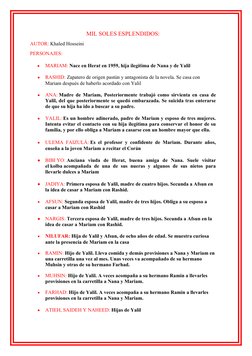 MIL SOLES ESPLENDIDOS:
AUTOR: Khaled Hosseini
PERSONAJES:

MARIAM: Nace en Herat en 1959, hija ilegítima de Nana y de Yalil
