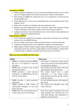 5 
Advantages of DBMS 
• Controls database redundancy: It can control data redundancy because it stores all the 
data in on