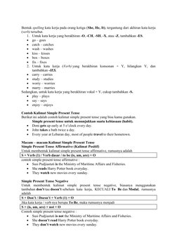 Bentuk spelling kata kerja pada orang ketiga (She, He, It), tergantung dari akhiran kata kerja
(verb) tersebut.
1. Untuk kata