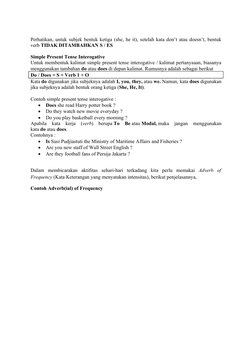 Perhatikan, untuk subjek bentuk ketiga (she, he it), setelah kata don’t atau doesn’t, bentuk
verb TIDAK DITAMBAHKAN S / ES
Si