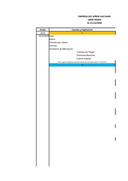 EMPRESA DEL SEÑOR LUIS DUNO
LIBRO DIARIO
AL 31/12/2020
 Fecha 
 Cuentas y Explicacion 
2020
1
12/1/2020 Caja
Banco
Cuentas po