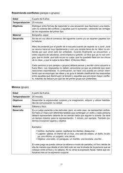 37 
Resolviendo conflictos (parejas o grupos) 
 
 
 
Mímica (grupo) 
 
 
 
Edad 
A partir de 8 años. 
Temporalización 25 mi