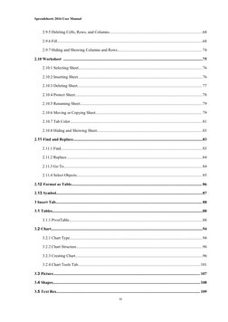 Spreadsheets 2016 User Manual
iii
2.9.5 Deleting Cells, Rows, and Columns....................................................