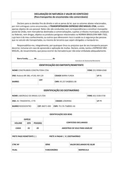 DECLARAÇÃO DE NATUREZA E VALOR DE CONTEÚDO 
(Para transportes de encomendas não comerciáveis) 
Declaro para os devidos fins
