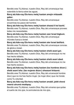 Bendito eres Tú,Adonai, nuestro Dios, Rey del universoque has 
extendido la tierra sobre las aguas.
Baruj atá Ado-nay Elo-hen