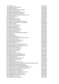 895 ADIASOFT E.I.R.L.  
20455587116
917 ADMER WILY DAZA HUAMANI
10297067074
959 ADONAY & RAM S.R.L.
20371026879
968 ADRIAN CE
