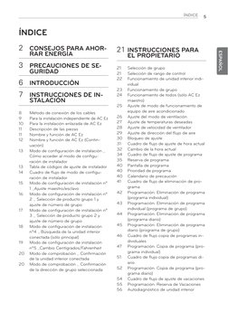 ÍNDICE
5
ESPAÑOL
ÍNDICE
2
CONSEJOS PARA AHOR-
RAR ENERGÍA
3
PRECAUCIONES DE SE-
GURIDAD
6
INTRODUCCIÓN
7
INSTRUCCIONES DE IN-