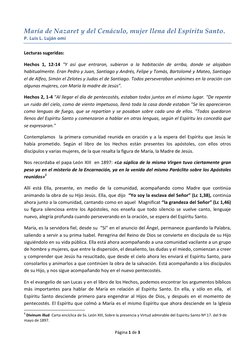 Página 1 de 3 
 
María de Nazaret y del Cenáculo, mujer llena del Espíritu Santo.  
 
P. Luis L. Luján omi
Lecturas sugeridas