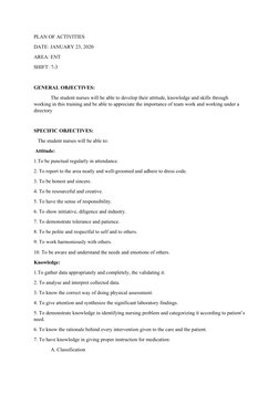 PLAN OF ACTIVITIES 
DATE: JANUARY 23, 2020
AREA: ENT
SHIFT: 7-3
GENERAL OBJECTIVES:
The student nurses will be able to develo