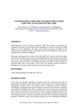 SAUDI BUILDING CODE FOR CONCRETE STRUCTURES 
PART ONE: EVOLUTION OF THE CODE 
 
S.H. Alsayed, Y.A. Al-Salloum, A.B.