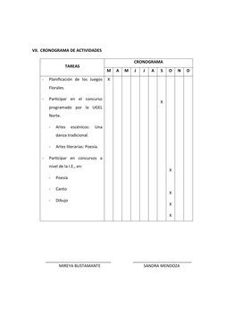 VII. CRONOGRAMA DE ACTIVIDADES
TAREAS
CRONOGRAMA
M
A
M
J
J
A
S
O
N
D
-
Planificación  de  los  Juegos
Florales.
-
Participar