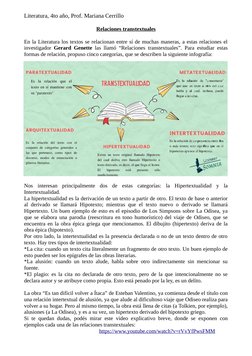 Literatura, 4to año, Prof. Mariana Cerrillo
Relaciones transtextuales
En la Literatura los textos se relacionan entre sí de m