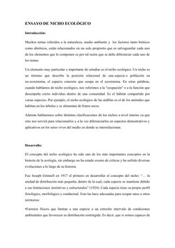 ENSAYO DE NICHO ECOLÓGICO
Introducción:
Muchos temas referidos a la naturaleza, medio ambiente y  los factores tanto bióticos