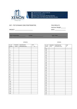 DCP – TEST (DYNAMIC CONE PENETROMETER)
FIELD RESULTS
Hammer Weight_______
PROJECT: _________________________
DATE: __________