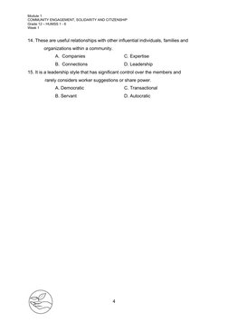 Module 1
COMMUNITY ENGAGEMENT, SOLIDARITY AND CITIZENSHIP
Grade 12 – HUMSS 1 - 6
Week 1
14. These are useful relationships wi