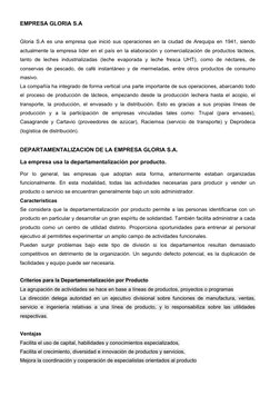 EMPRESA GLORIA S.A
Gloria S.A es una empresa que inició sus operaciones en la ciudad de Arequipa en 1941, siendo
actualmente