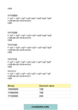 =224
11110000
= 1x27 + 1x26 + 1x25 +1x24 +0x23 + 0x22 +0x21 +0x20
=128+64+32+16+0+0+0+0
=240
11111000
= 1x27 + 1x26 + 1x25 +