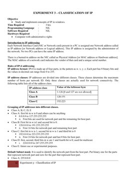 EXPERIMENT 3 – CLASSIFICATION OF IP
Objective

Study and implement concepts of IP in windows.
Time Required
:
3 hrs
Programm