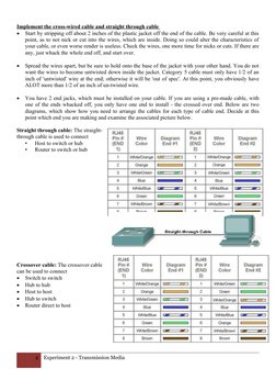 Implement the cross-wired cable and straight through cable 

Start by stripping off about 2 inches of the plastic jacket off
