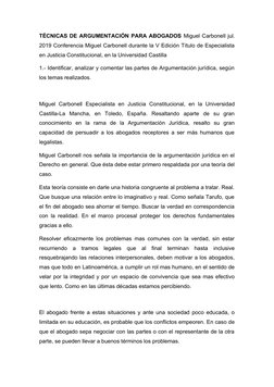 TÉCNICAS DE ARGUMENTACIÓN PARA ABOGADOS Miguel Carbonell jul.
2019 Conferencia Miguel Carbonell durante la V Edición Título d