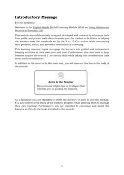 ii 
Introductory Message 
For the facilitator: 
Welcome to the English Grade 10 Self-Learning Module (SLM) on Using Informa