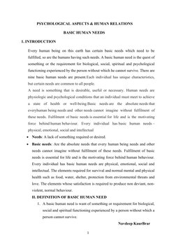 PSYCHOLOGICAL ASPECTS & HUMAN RELATIONS
                                            BASIC HUMAN NEEDS
1. INTR